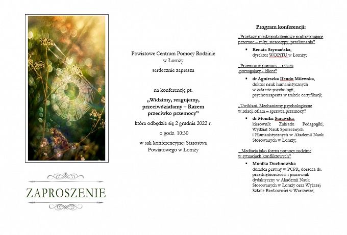 Zaproszenie na konferencję pt. „Widzimy, reagujemy, przeciwdziałamy – Razem przeciwko przemocy”